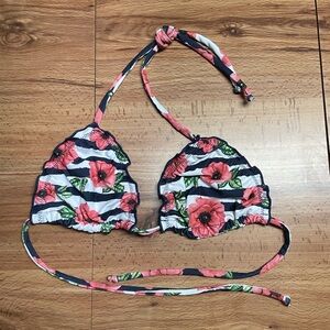 Floral Flower Striped Lettuce Trim Triangle Bikini Top Swim Women